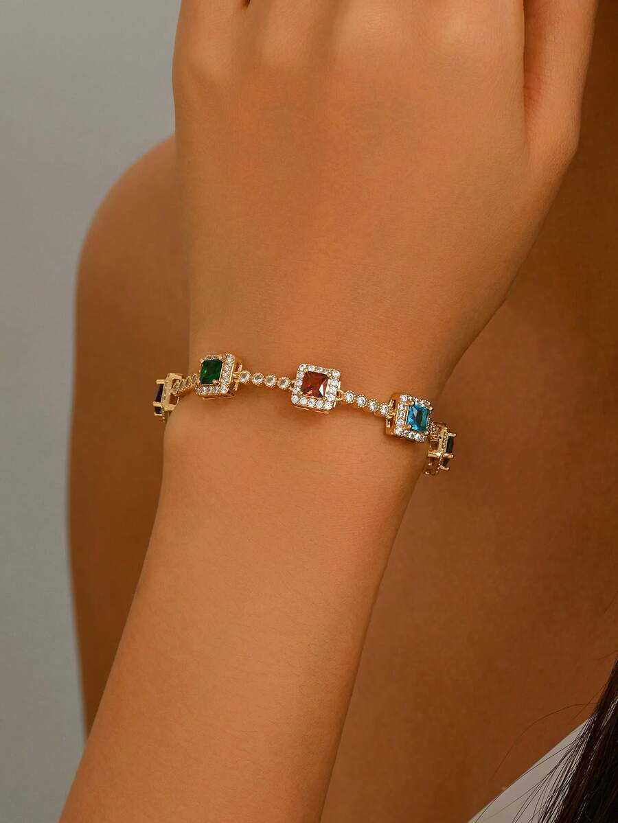 Colorful Square Zirconia Bracelet Mosaic Square Diamond Bracelet Random Multi-Color Bracelet Exquisite Layered Bracelet Date Daily Birthday Gift For Girlfriend Best Friend - Multicolor - View 1