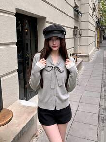 Autumn/Winter New Long Sleeve V-Neck Niche Design Vintage Unique Bow Tie Lace 2 In 1 Knit Sweater Top - Grey - View 2