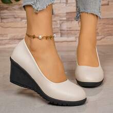 Sepatu hak wedges minimalis wanita, ujung bulat, sol tebal, menambah tinggi badan, gaya komuter musim semi/gugur, sepatu kasual serbaguna. - putih pucat - View 7
