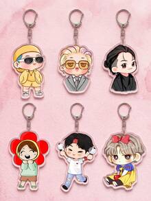 1Pc/6Pcs K-Pop Themed Acrylic Keychains, Featuring Chibi Member Fun Costume Designs (Yellow Suit, Formal Wear, Black Jacket, Flower, Lightstick), Fashionable Bag Charm, Suitable For Back To School, Gift For K-Pop Fans, Exquisite Collection, All Season - Multicolor - View 1