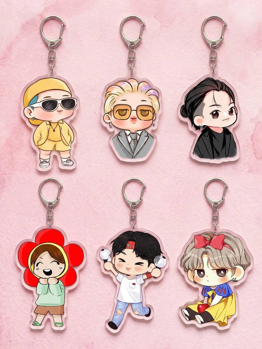 1Pc/6Pcs K-Pop Themed Acrylic Keychains, Featuring Chibi Member Fun Costume Designs (Yellow Suit, Formal Wear, Black Jacket, Flower, Lightstick), Fashionable Bag Charm, Suitable For Back To School, Gift For K-Pop Fans, Exquisite Collection, All Season - Multicolor - View 1