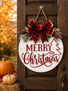 1pc Christmas Party Door Sign Decoration, Christmas Wooden Hanging Ornament, Christmas Decor, Artificial Woven Christmas Wreath, Wooden Door Wreath, Suitable For Home, Garden And Outdoor Holiday Decoration, Front Door Decor - Multicolor - View 3