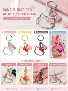 Gantungan Kunci Hello Kitty Sanrio untuk Pembuatan Perhiasan, Gantungan Kunci Kepala Kucing Paduan Logam dengan Pita, Gantungan Kunci Logam Lucu untuk Wanita, Aksesoris Tas Dompet Ransel - Pesona - View 3