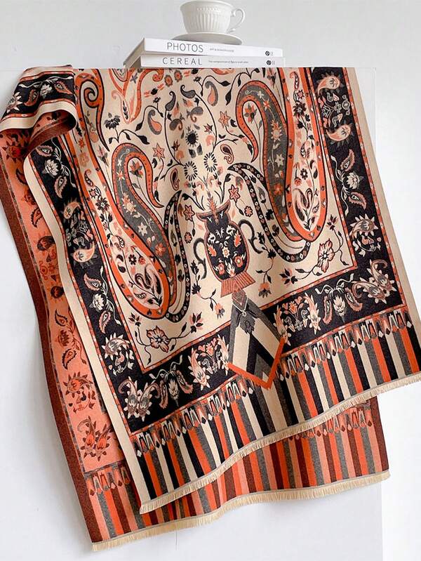 1pc Autumn Winter Thick Boho Paisley Vase Floral Scarf 65*185cm, Brushed Polyester Faux Cashmere, Multi‑Purpose Shawl Wrap For Outing Travel Party