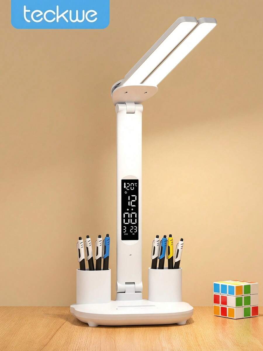 Teckwe Dual‑Head LED Desk Lamp With Pen Holder Digital Clock Temperature Display Foldable Rechargeable Study Reading Table Lamp Home Office Dorm Decor