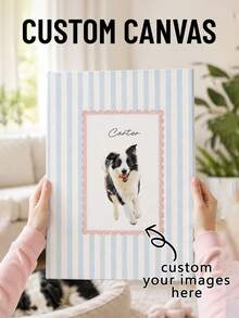 1Pc Customized Pet Portrait Canvas Wall Art, Ready‑To‑Hang Framed Canvas Print With Stripe Background, Custom Photo And Text Customization Service, Canvas Material Art Decor, For Bedroom Living Room Entryway Wall Display, Pet Lover Home Decor Gift - Multicolor - View 1