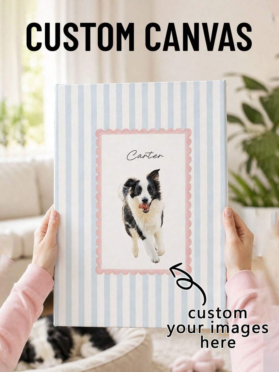 1Pc Customized Pet Portrait Canvas Wall Art, Ready‑To‑Hang Framed Canvas Print With Stripe Background, Custom Photo And Text Customization Service, Canvas Material Art Decor, For Bedroom Living Room Entryway Wall Display, Pet Lover Home Decor Gift - Multicolor - View 1