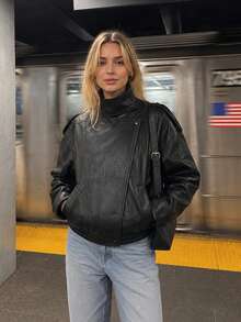 Vintage Oversized High Neck Faux Leather Jacket For Women, Casual Street Style Autumn/Winter Outerwear Black Fall - Black - View 2
