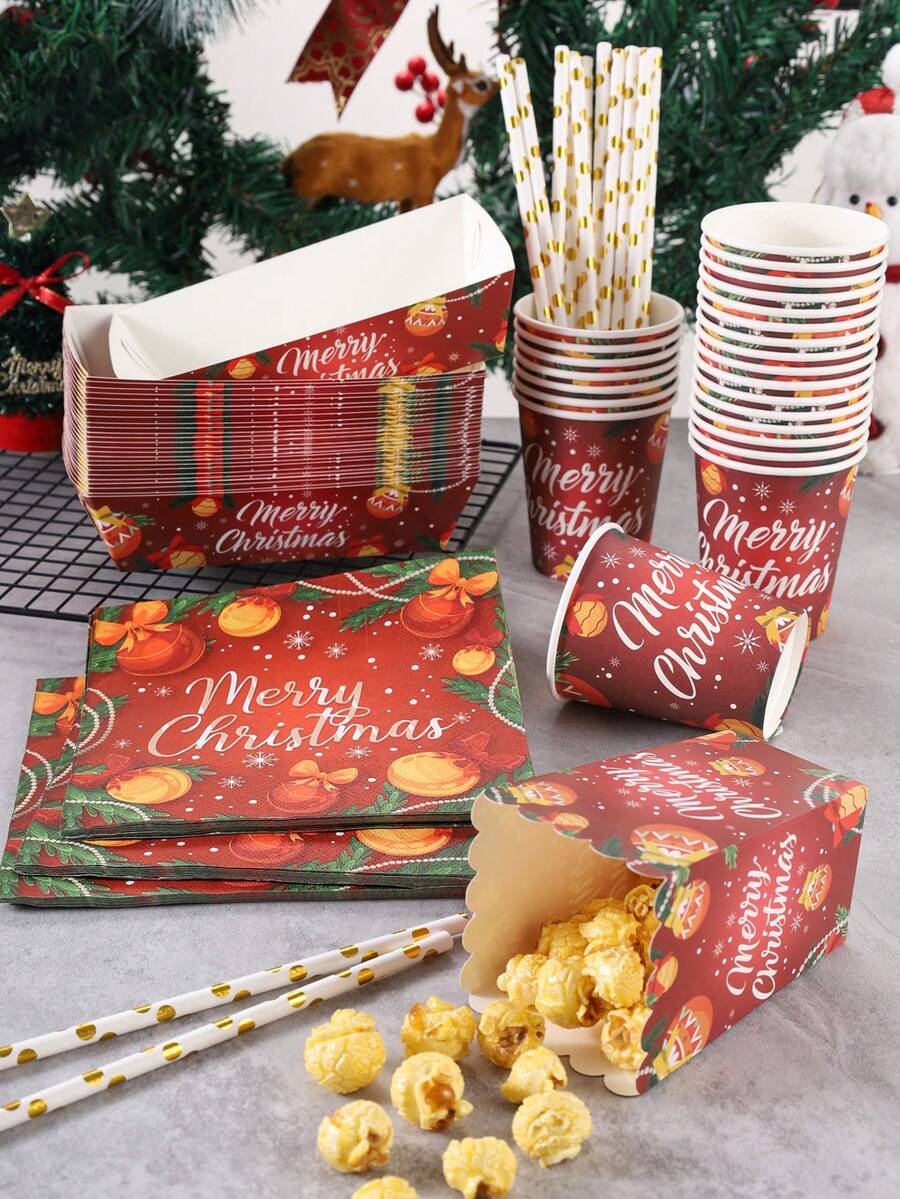 10/24pcs Red Christmas Ball, Pine Branch And Bow Print Paper Tableware Set, Includes Paper Cups, Popcorn Food Boxes, Napkins And Straws, Disposable Paper Tableware Suitable For New Year Celebrations, Family Gatherings, Dessert Events And Seasonal Parties - Multicolor - View 1