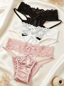 Mystèrelle 3pcs Floral Lace Waistband T-Back Panties With Bow Decor Spaghetti Strap Women's Underwear - Multicolor - View 6
