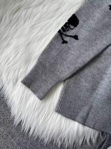 BuyK [Tops]Halloween Skull Print Crewneck Sweater Grey Long Sleeve Knit Pullover Casual Loose Top - Gray 1 - View 7