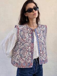 GMFP 女款秋冬休閒優雅時尚寬鬆印花拼接紫色針織開襟背心，適合假期與度假季節 - 紫色 - 查看 4