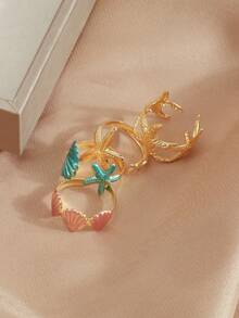 Ocean Starfish Shell Enamel Ring Set, Adjustable Open Stacking Rings, Summer Beach Vacation Jewelry For Women - Multicolor - View 6