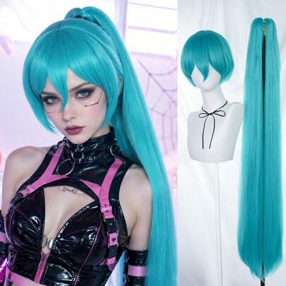 Teal Blue Short Bob Wig With Detachable Extra Long Pigtails, Y2K Style Cosplay Wig, Synthetic K-POP Costume Wig For Halloween Party Anime Role‑Play Dress‑Up