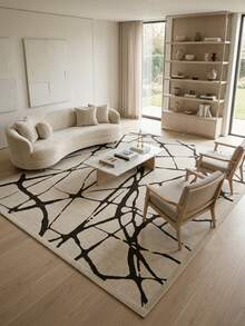1pc Wabi-Sabi Style Beige Asymmetrical Cracked Pattern Rug, Minimalist Abstract Mesh Area Carpet For Living Room And Bedroom, Black Coffee Hand-Drawn Line Art Foot Mat, All-Season Machine Washable Home Decor - Multicolor - View 1