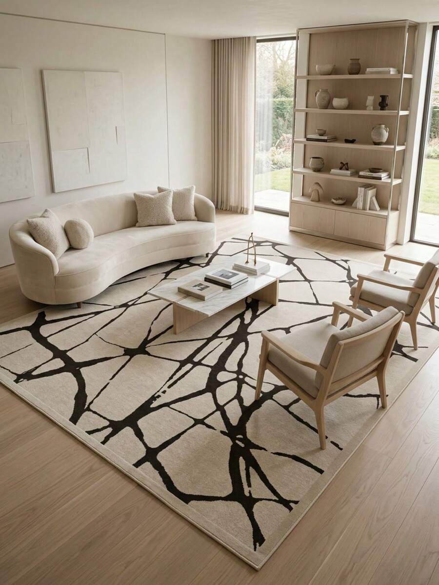 1pc Wabi-Sabi Style Beige Asymmetrical Cracked Pattern Rug, Minimalist Abstract Mesh Area Carpet For Living Room And Bedroom, Black Coffee Hand-Drawn Line Art Foot Mat, All-Season Machine Washable Home Decor - Multicolor - View 1