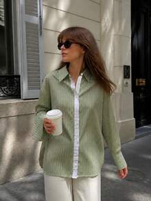 1pc Women's Fresh Classic Vertical Striped Collared Shirt, Contrast Placket Loose Drop Shoulder Long Sleeve Casual Commuter Versatile Blouse, Suitable For Daily Light Commute Work, Layered Autumn Outfit - Multicolor - View 6