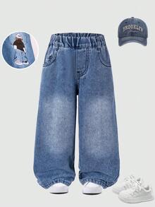 Celana Jeans Denim Lurus Bergambar Kartun Bordir untuk Balita - Biru - View 3