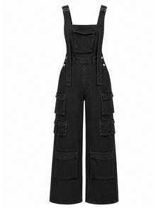 Women's Sleeveless Black Washed Denim Jumpsuit, Long Casual Elegant, Suitable For All Seasons, Non-Stretch - Black - View 5
