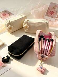 1pc Large Capacity Corduroy Makeup Bag, Floral Charm Minimalist Solid Color Pencil Case, Student Stationery Storage Essential, Multi-Functional Travel Organizer, Y2K Fashion Travel Cosmetic Bag - View 3