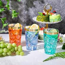 100pcs Gold Cups, 6.76oz Clear Cups With Gold Rim, Gold Beer Cups, Hard Cups For Parties, Premium Gold Rimmed Cups, Perfect For Weddings And Parties - Gold - View 3