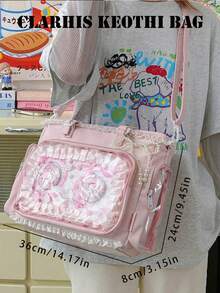 Pink Lace Decorated Ita Tote Bag, Transparent Window Design With Detachable Shoulder Strap, Multiple Pockets, Cute Anime Display Handbag, Purse, Gift - Pink - View 2