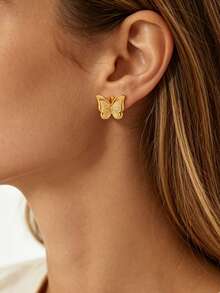 1 Set Elegant Butterfly-Shaped Stainless Steel Stud Earrings For Women, Suitable For Daily Wear/Vacation Travel/Party Dating - Yellow Gold - View 5
