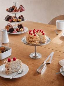 2pcs Stainless Steel Cake Stand Set (1 Stand + 1 Dessert Spoon) / 1pc Cake Tray, Mirror-Polished Round Dessert Display, Raised Rim, Stable Base, For Cakes, Cupcakes, Pastries, Afternoon Tea, Buffet, Wedding, Birthday, Saudi National Day And Christmas - Multicolor - View 3