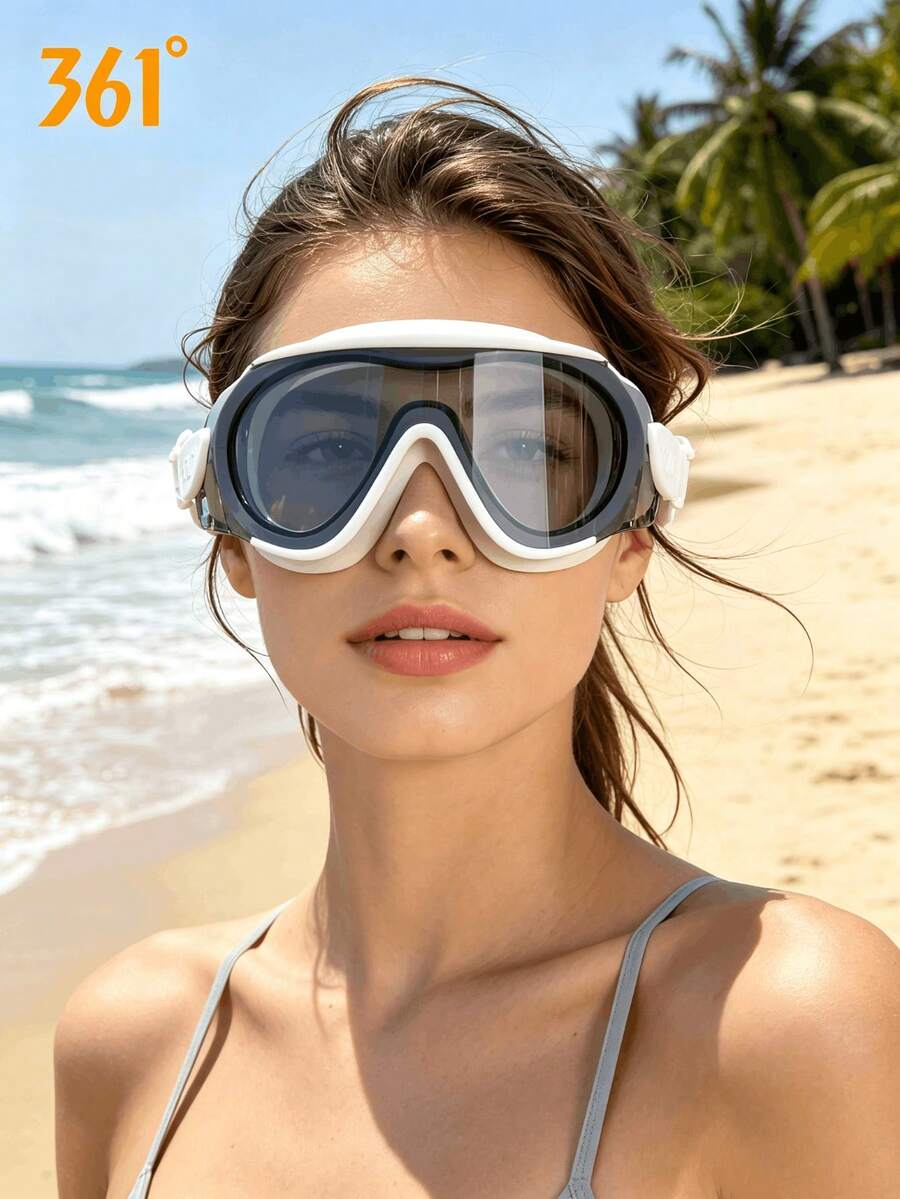 361degree 1pc 361° Large Frame Wide View HD Anti-Fog Waterproof Leakproof Swim Goggles For Women Men Adult, With Portable Storage Case, Pool Beach Swimming Gear - Silver Moon White - View 1