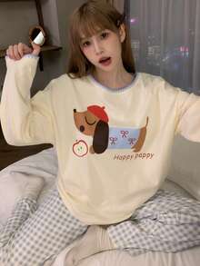 2pcs/Set Women's Pajamas Loungewear Set, Pullover Round Neck Cute Animal Print Minimalist Long Sleeve Cropped Pants, Comfortable For Home Wear - Yellow - View 6