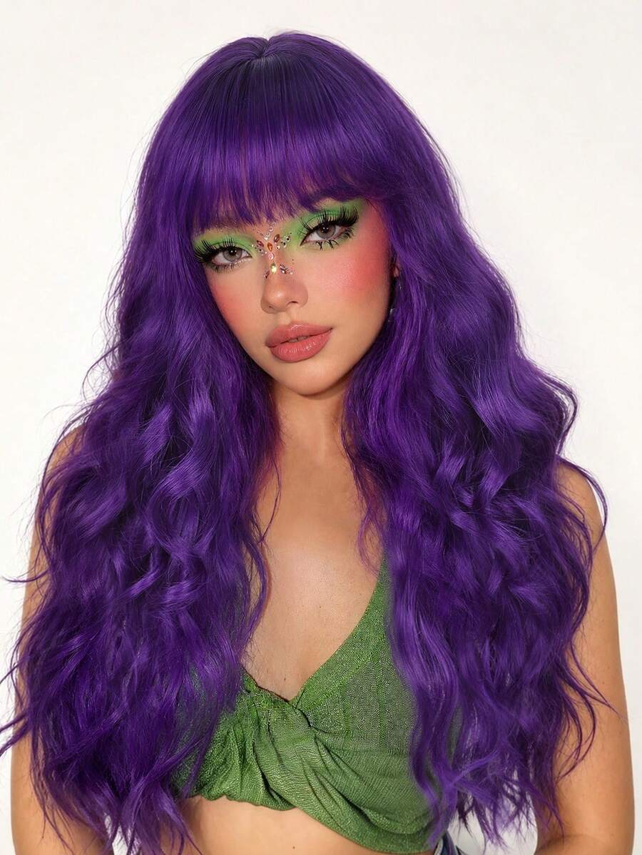 26 Inch Dark Purple Long Wavy Wig With Bangs For Women Heat Resistant Synthetic Fiber, Trimmable Bangs, Natural Wavy Wig Lightweight For Daily Wear, Cosplay, Parties, Festivals, And Halloween - Multicolor - View 1