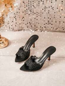 Lace Pointed Toe High Heel Mule Sandals, Sexy Open Toe Stiletto Heel Summer Slip-On Slides For Women, Elegant Outdoor Party Wear - Black - View 6