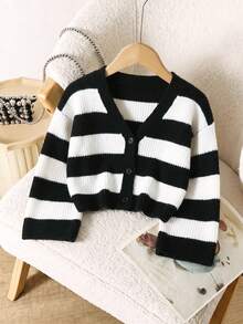 Girls' V-Neck Colorblock Black & White Striped Casual Versatile Everyday Cardigan - Black and White - View 1