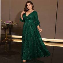 XUIBOL Elegant Plus Size Gold Sequin Evening Gown, Deep V-Neck, 3/4 Flare Sleeves, Waist Tie, Suitable For Formal Evening Occasions - Dark Green - View 12