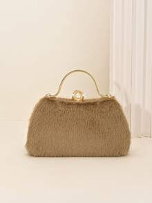 LJDCRFT Women's Fuzzy Evening Clutch, Pearl And Rhinestone Decorated Handbag With Metal Top Handle, Suitable For Parties, Weddings, Balls, And Other Occasions - Camel - View 3