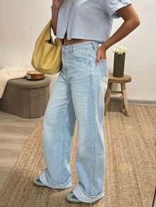 Women's Vintage Casual Stacked Loose Straight Leg Denim Jeans Fall - Light Wash - View 5