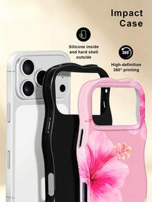 KOOLIFE 1pc Tropical Floral Wavy Border Shockproof Phone Case, TPU+PC 2-In-1 Dual Layer Anti-Scratch Glossy Protective Shell, Hibiscus/Lily/Oil Painting Floral Pastoral Style Ins Summer Bohemian Fashion Design, Raised Camera Bezel, Holiday Gift Phone Case, Compatible With Apple 18/17/17 Pro/17 Pro Max/16/15/14/13/12/11 - Pink Hibiscus - View 2