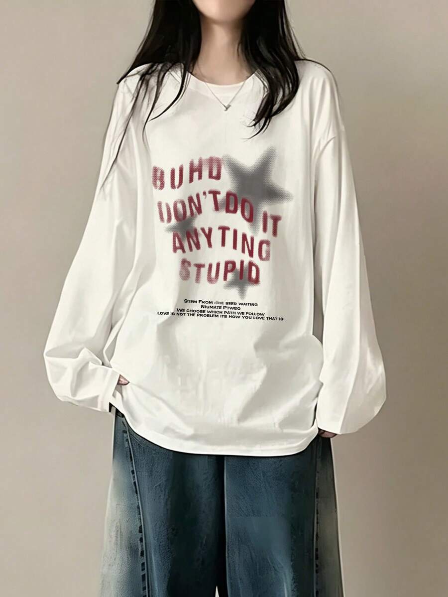 女款時尚春秋寬鬆版型卡通印花長袖T恤,百搭休閒 - 白色 - 查看 1