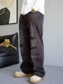 Washed Distressed Straight Leg Casual Denim Jeans - Black - View 4