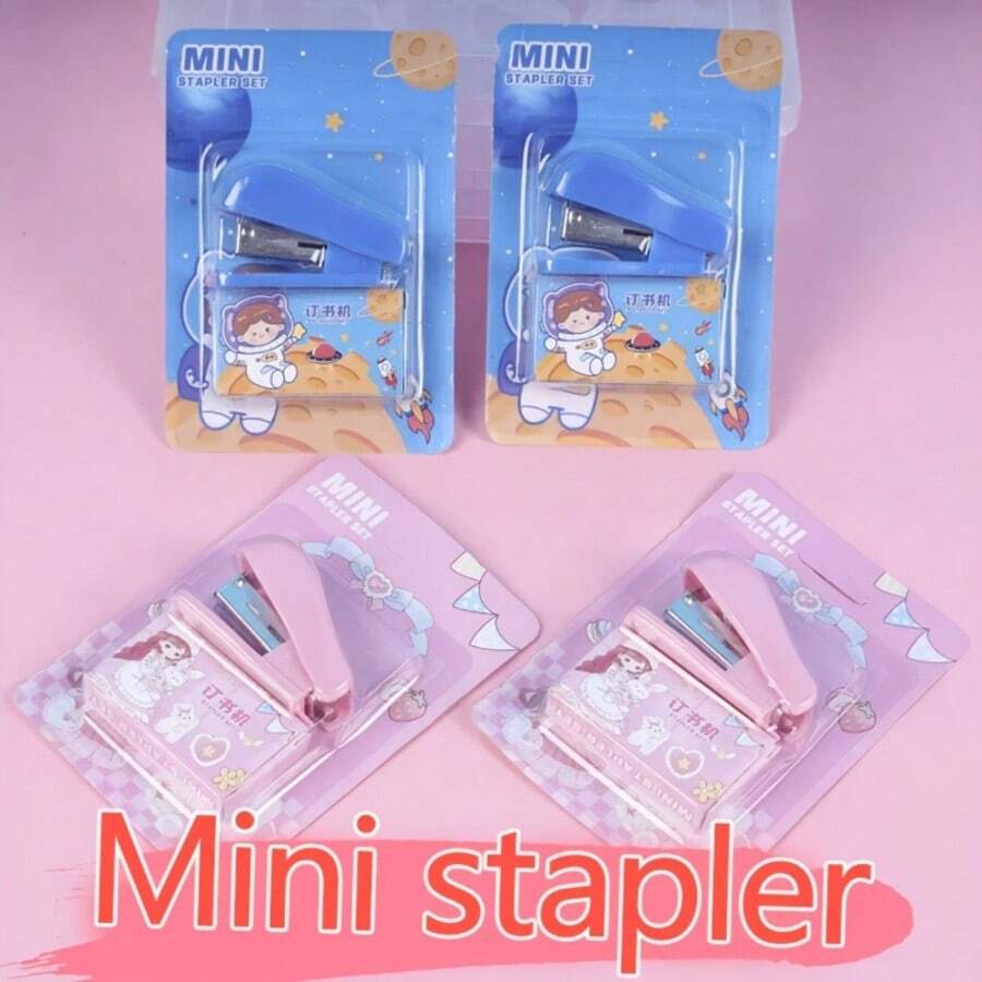 1 Set Cute Cartoon Mini Stapler Set With Staples, Portable Pocket Stapler For Student School Office Binding Stationery - Color Style Randomized - View 1