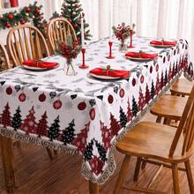 1pc Christmas Tree Snowflake Print Rectangular Tablecloth, Suitable For Holiday, Party, Birthday, Dinner, Restaurant Table Decor, Christmas Home Autumn/Winter Decoration - Multicolor - View 3