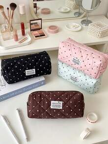 1pc Cute Polka‑Dot Quilted Makeup Pouch Soft Fabric Zipper Pen Case Portable Multi‑Purpose Storage Bag For Daily Use Cosmetics & Brushes Organization - Multicolor - View 3