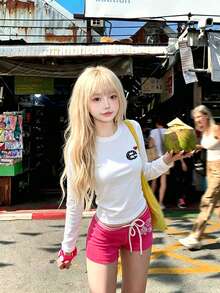 Y2K Fitted Square Shoulder T-Shirt For Women, Autumn Long Sleeve Simple Letter Print Crew Neck Top - White - View 2