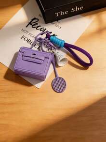 Mini PU Handbag Keychain With Badminton Racket Charm, Sport‑Style Braided Wrist Strap Bag Pendant Key Ring For Backpack Handbag Women Girls - Multicolor - View 1