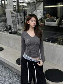 American Style V-Neck Rhinestone Letter Long Sleeve Waist-Cinching Women's Top, Autumn - Dark Grey - View 5