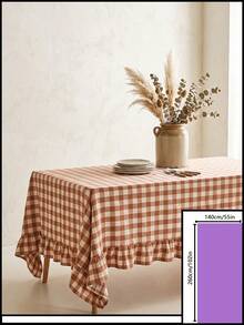 1pc Brown And White Large Plaid Ruffle Edge Tablecloth, Rustic Country Style Rectangular Same-Color Ruffle Edge Pleated Detail Decorative Functional Dining Tablecloth Suitable For Family Gatherings And Rustic Home Decor Scenes - Khaki - View 19