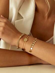 3pcs Gold Round Pendant Bracelet Set, With Sequin Tassel Decoration, Metal Disc Bracelet, Minimalist Style, Adjustable Size, Suitable For Daily Wear, Commuting And As Versatile Gift For Girlfriend, Family, Friends - Bracelet - View 2