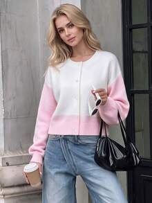 Nicenter Women's Fall Winter Casual Simple Color-Block Button Front Long Sleeve Wool Blend Cardigan Sweater, For Office Daily Home Date - Pink - View 1
