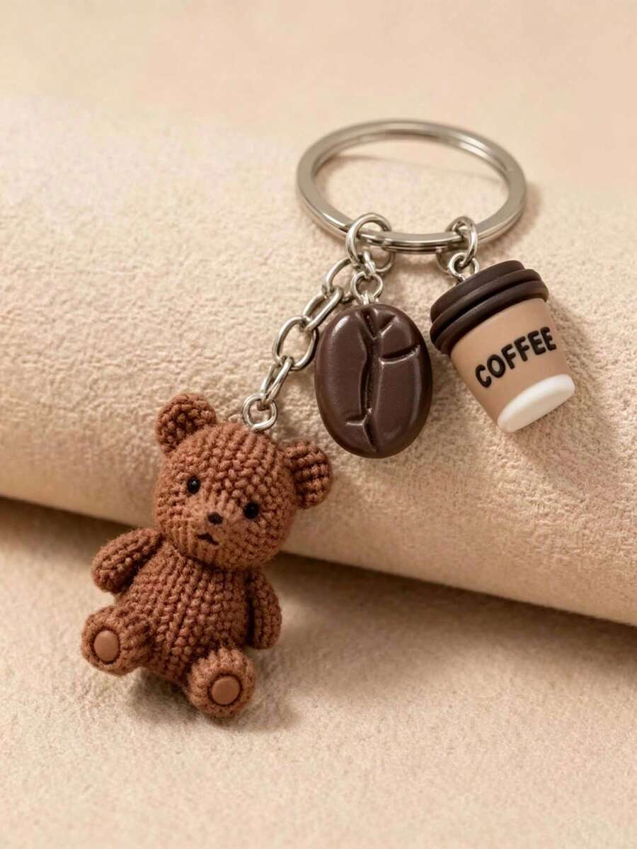 1pc Cute Bear Keychain, Coffee Bean Beverage Accessory Decoration, Y2K Backpack Charm, Keychain Accessory - Multicolor - View 1