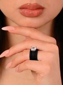 Set Cincin Silikon 3 Buah dengan Batu Zirkonia Potongan Persegi, Cocok untuk Pemakaian Sehari-hari, Pernikahan, Hari Valentine, Ulang Tahun, dan Acara Pemberian Hadiah. - Cincin silikon hitam dan putih - View 8
